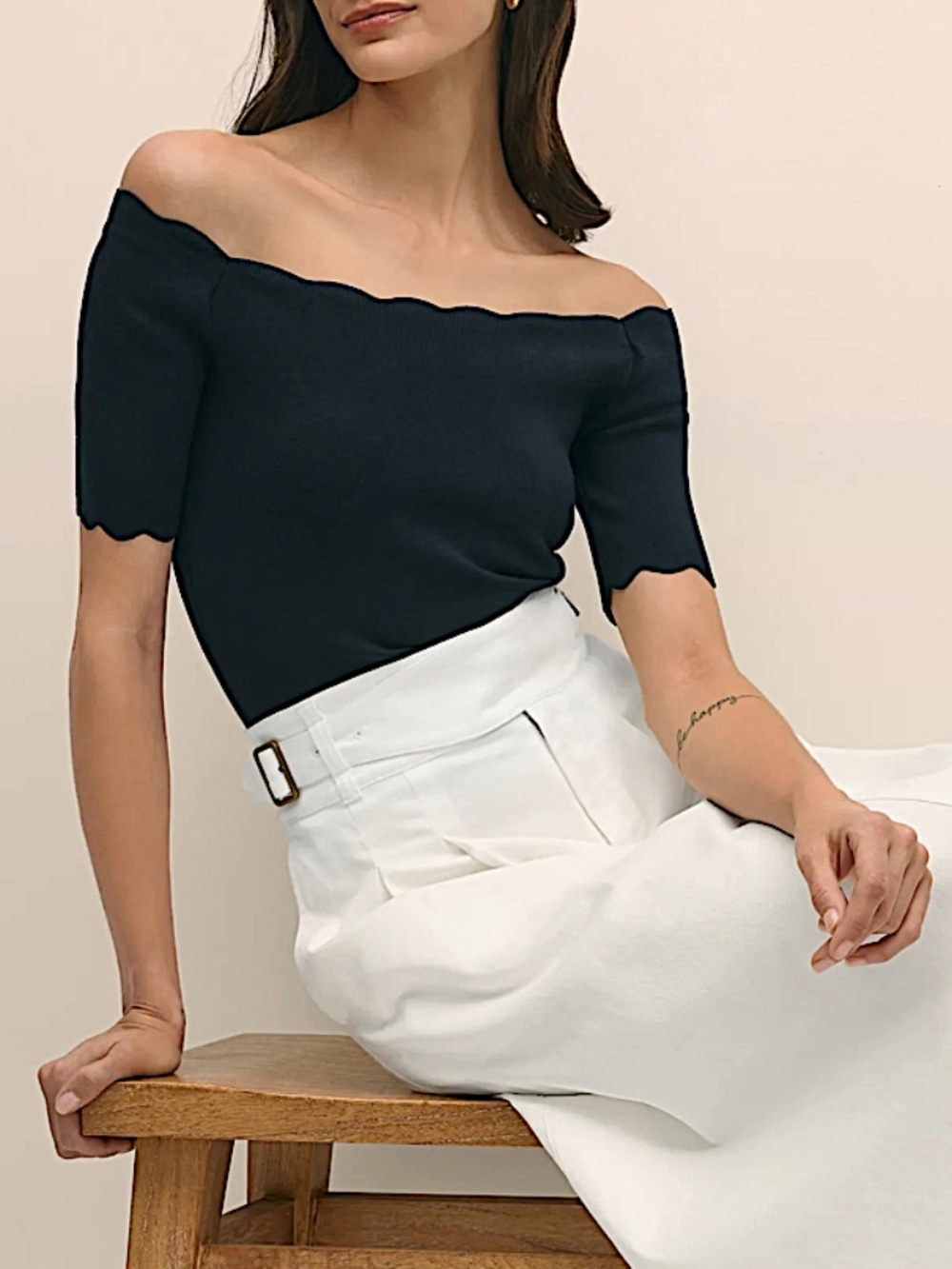 MILLY Off-The-Shoulder Scallop Sweater black